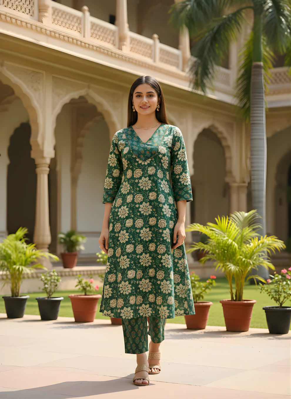 Emerald Green Pure Cotton Printed Kurta Set