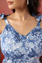 Blue Floral Printed Pure Cotton Maxi Dress — Shoulder Tie Straps