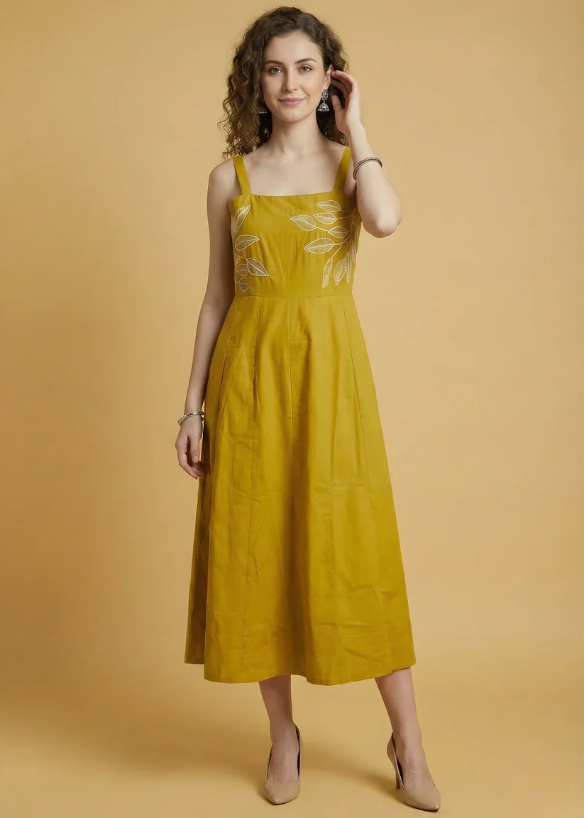 Pure Cotton Mustard Embroidered Dress