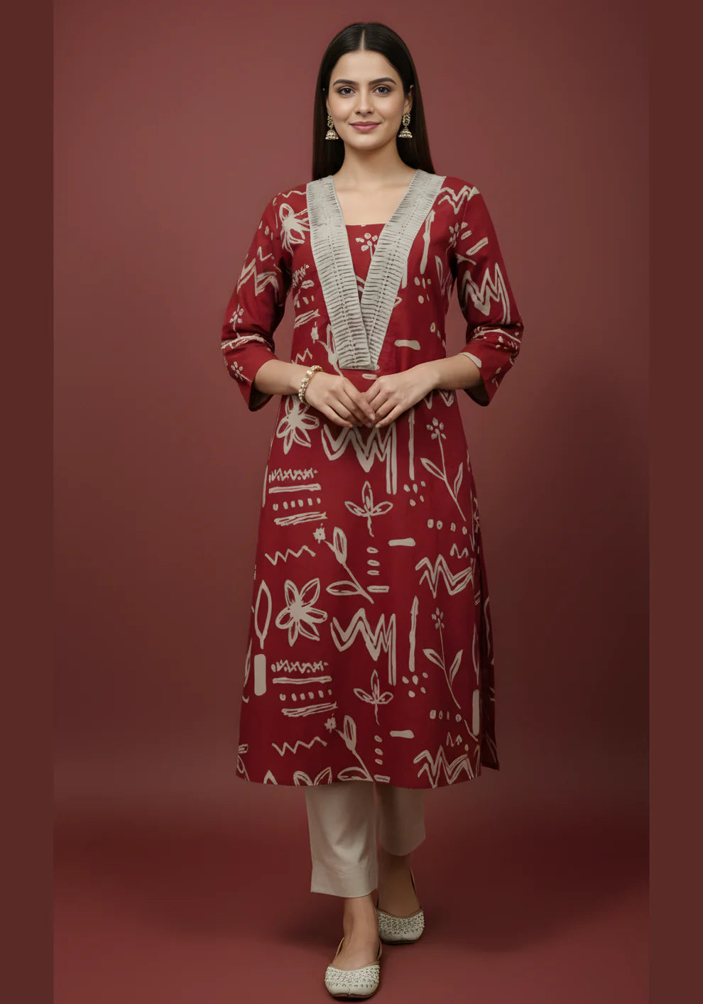 Maroon Doodle Print Pure Cotton Kurta & Pant Set | V-Neck Pleated Yoke Ethnic