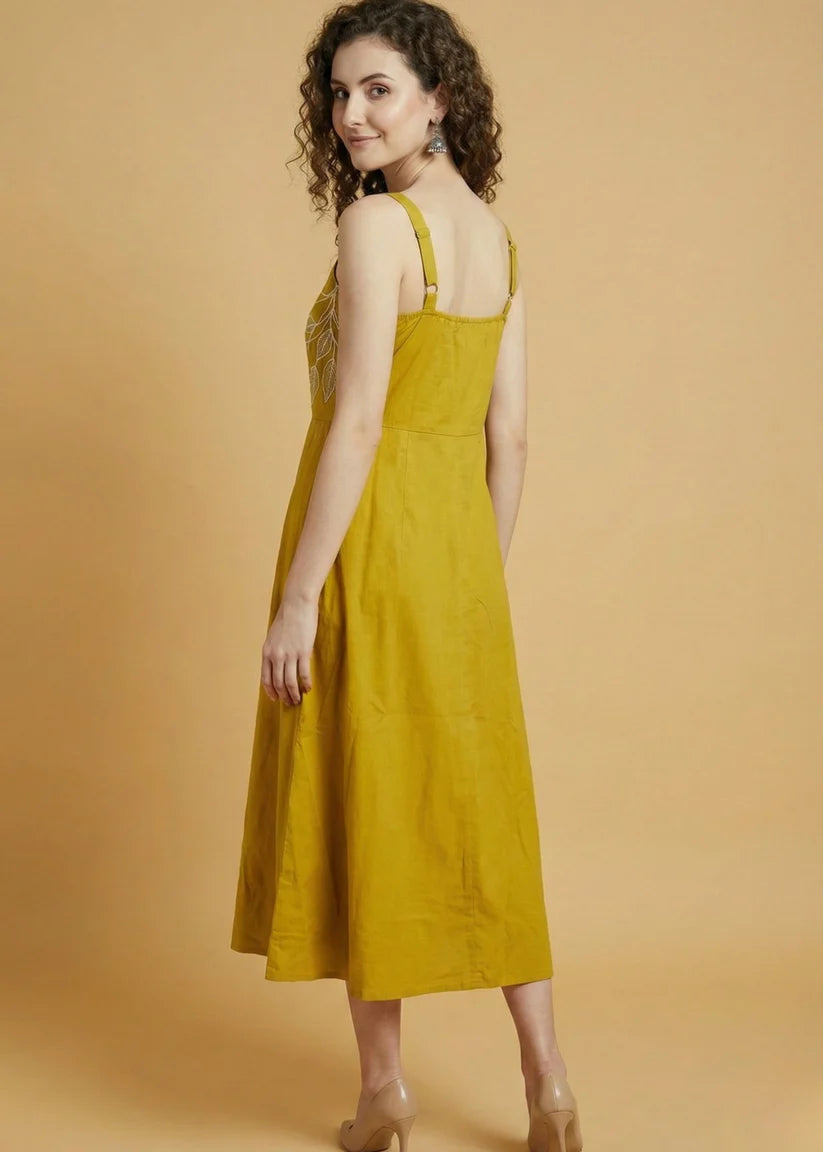 Pure Cotton Mustard Embroidered Dress