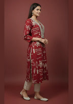 Maroon Doodle Print Pure Cotton Kurta & Pant Set | V-Neck Pleated Yoke Ethnic