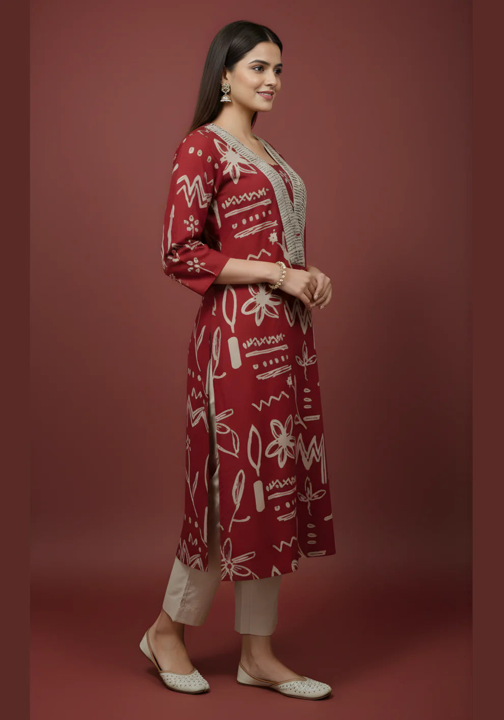 Maroon Doodle Print Pure Cotton Kurta & Pant Set | V-Neck Pleated Yoke Ethnic