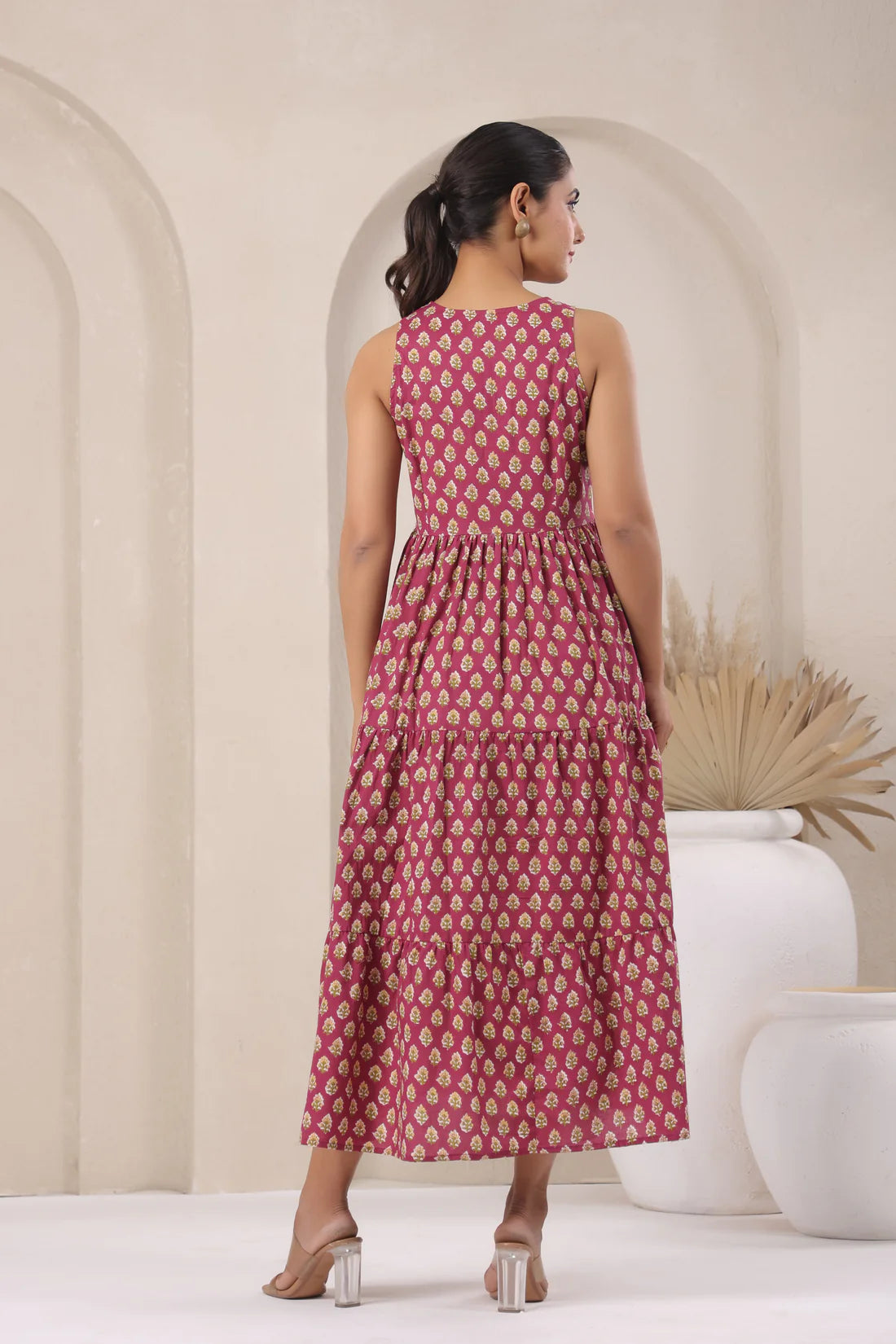 Wine Printed Sleeveless Cotton Flare Dress for Women