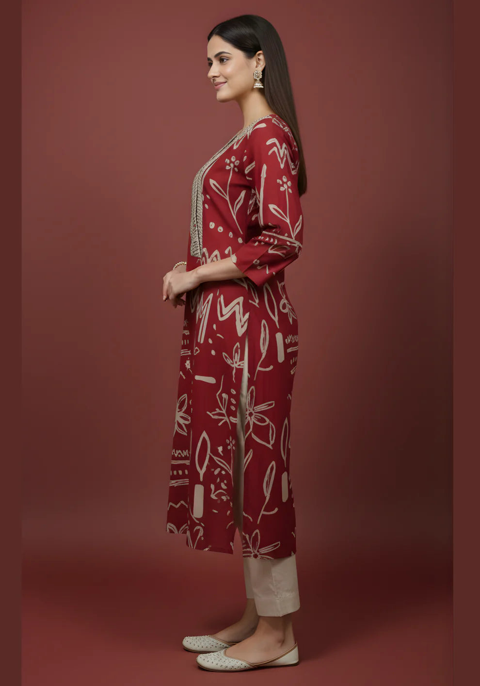 Maroon Doodle Print Pure Cotton Kurta & Pant Set | V-Neck Pleated Yoke Ethnic