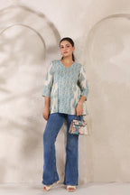 Ivory Pure Cotton Jaipuri Floral Jaal Printed Peplum Top