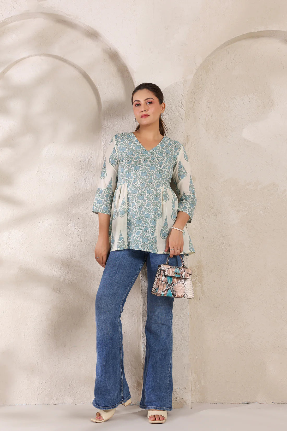 Ivory Pure Cotton Jaipuri Floral Jaal Printed Peplum Top