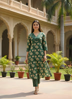 Emerald Green Pure Cotton Printed Kurta Set