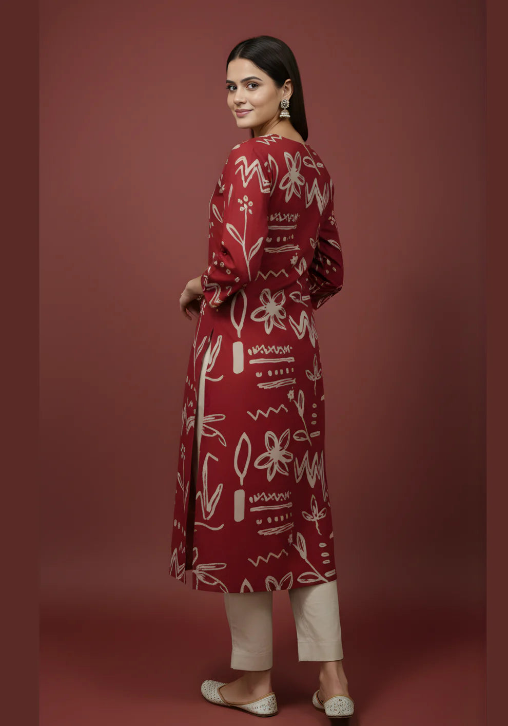 Maroon Doodle Print Pure Cotton Kurta & Pant Set | V-Neck Pleated Yoke Ethnic
