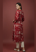 Maroon Doodle Print Pure Cotton Kurta & Pant Set | V-Neck Pleated Yoke Ethnic