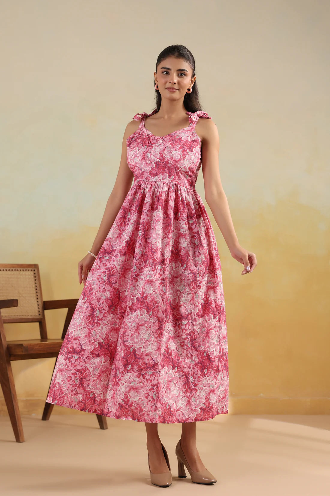 Pink Floral Printed Pure Cotton Maxi Dress — Shoulder Tie Straps | Elasticated Back