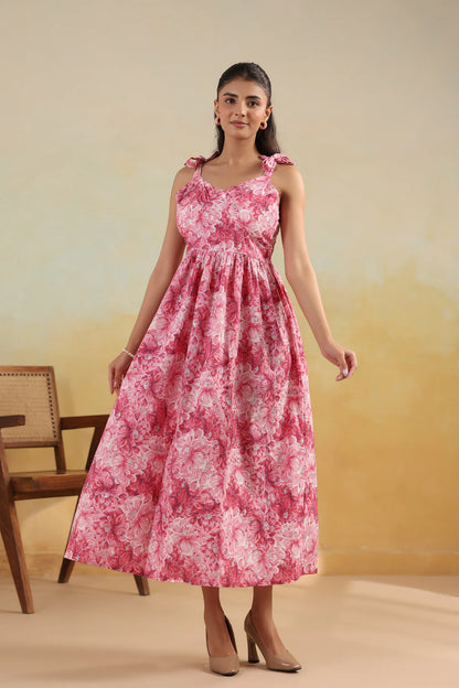Pink Floral Printed Pure Cotton Maxi Dress — Shoulder Tie Straps | Elasticated Back