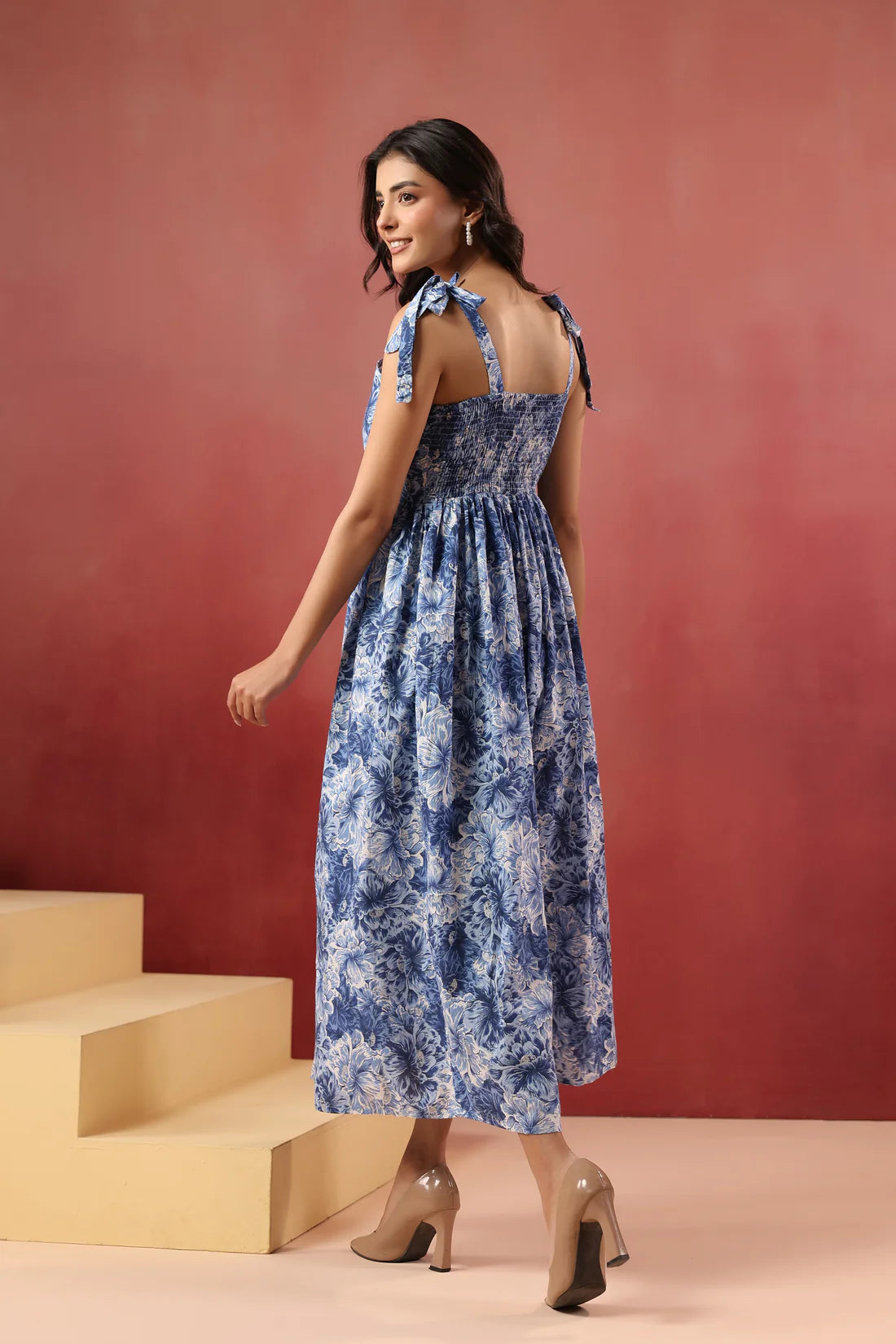 Blue Floral Printed Pure Cotton Maxi Dress — Shoulder Tie Straps