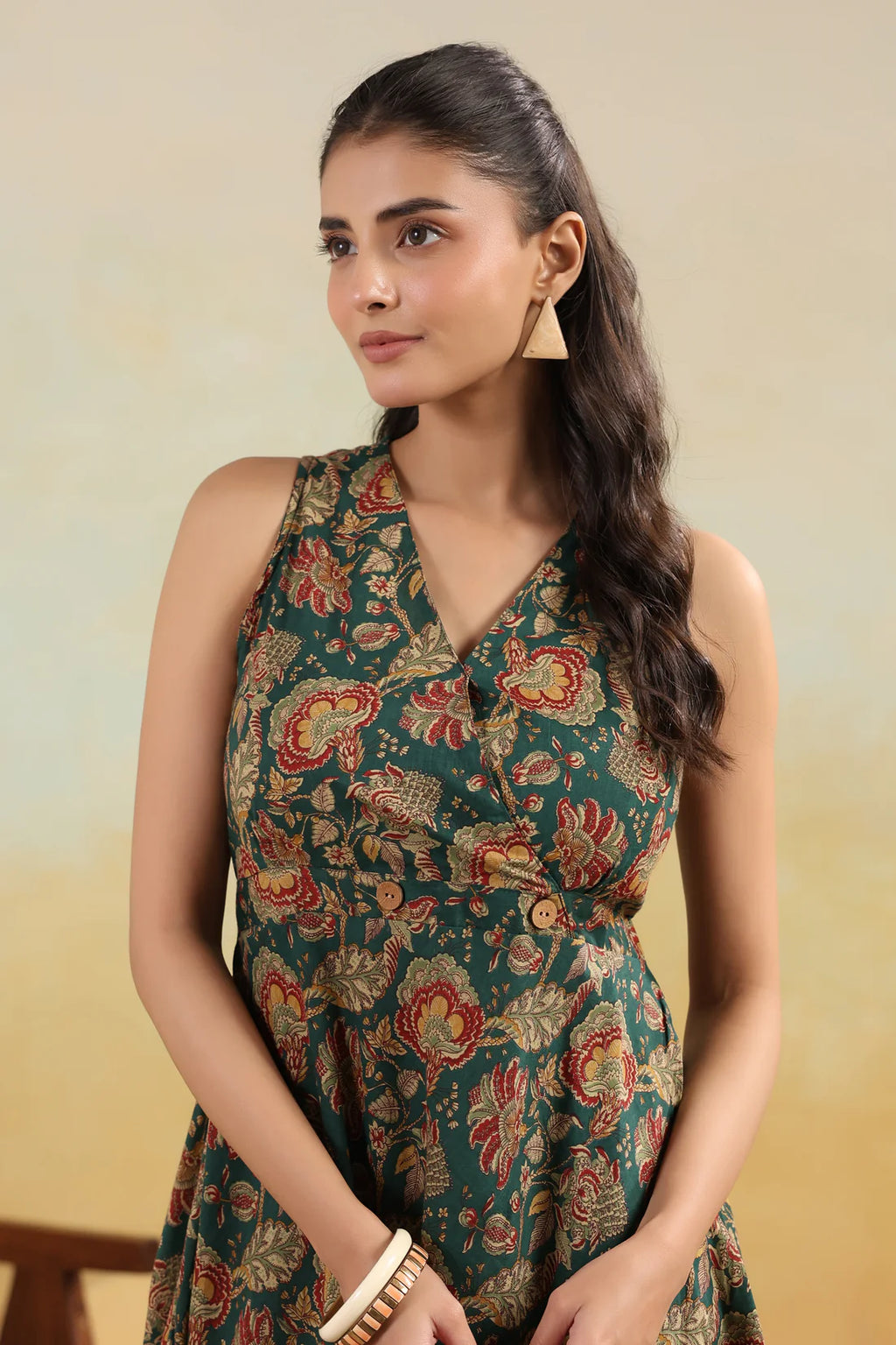 Women’s Pure Cotton Hand Block Printed Flared Maxi Dress – Teal Green Floral