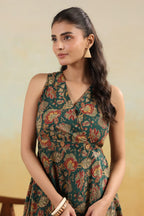 Women’s Pure Cotton Hand Block Printed Flared Maxi Dress – Teal Green Floral