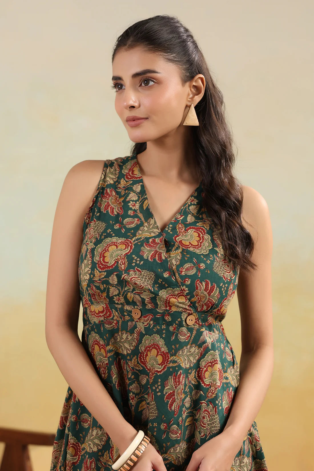 Women’s Pure Cotton Hand Block Printed Flared Maxi Dress – Teal Green Floral