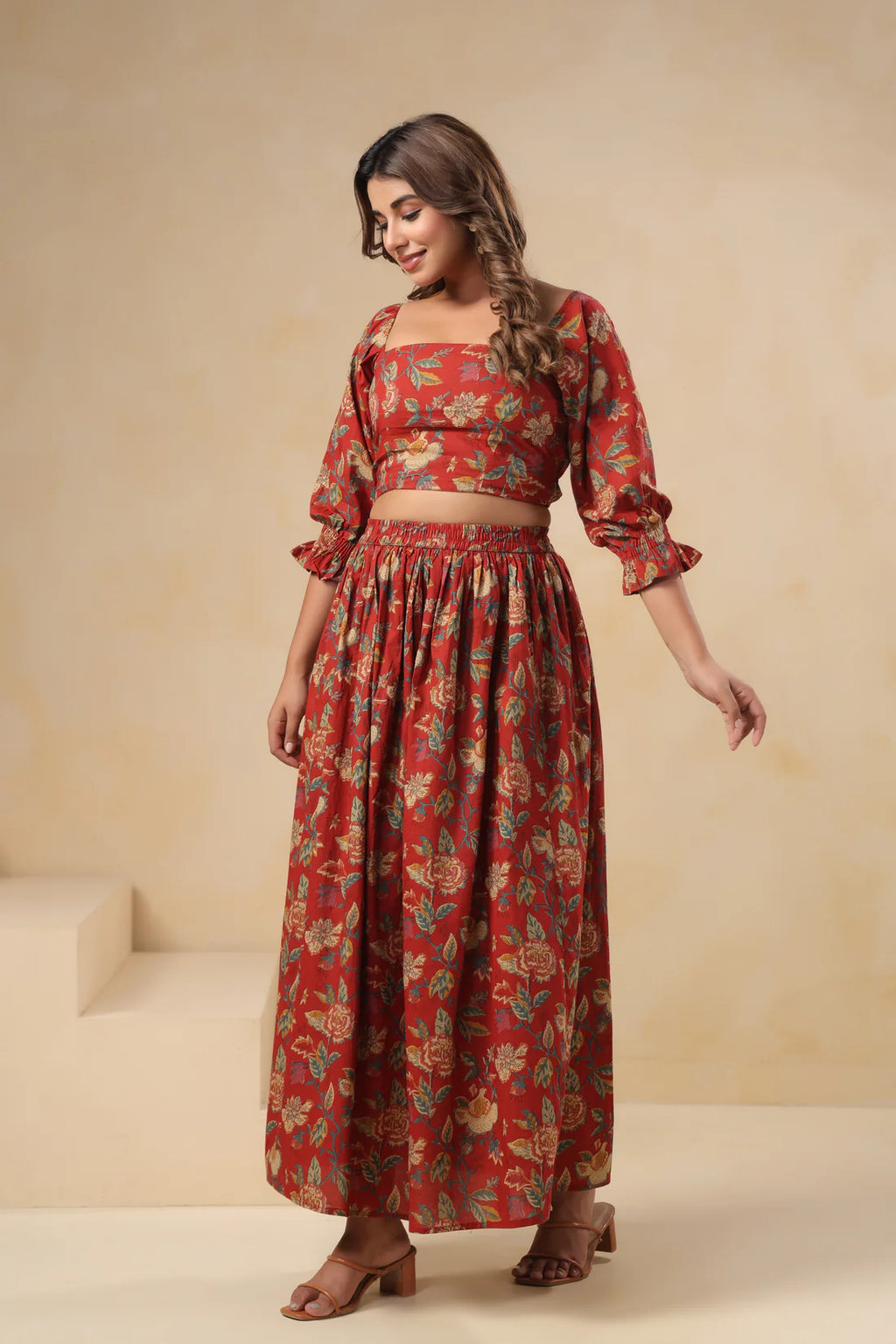 Floral Cotton Crop Top & Skirt Co-ord Set – Red | Elegant Ethnic Summer Wear