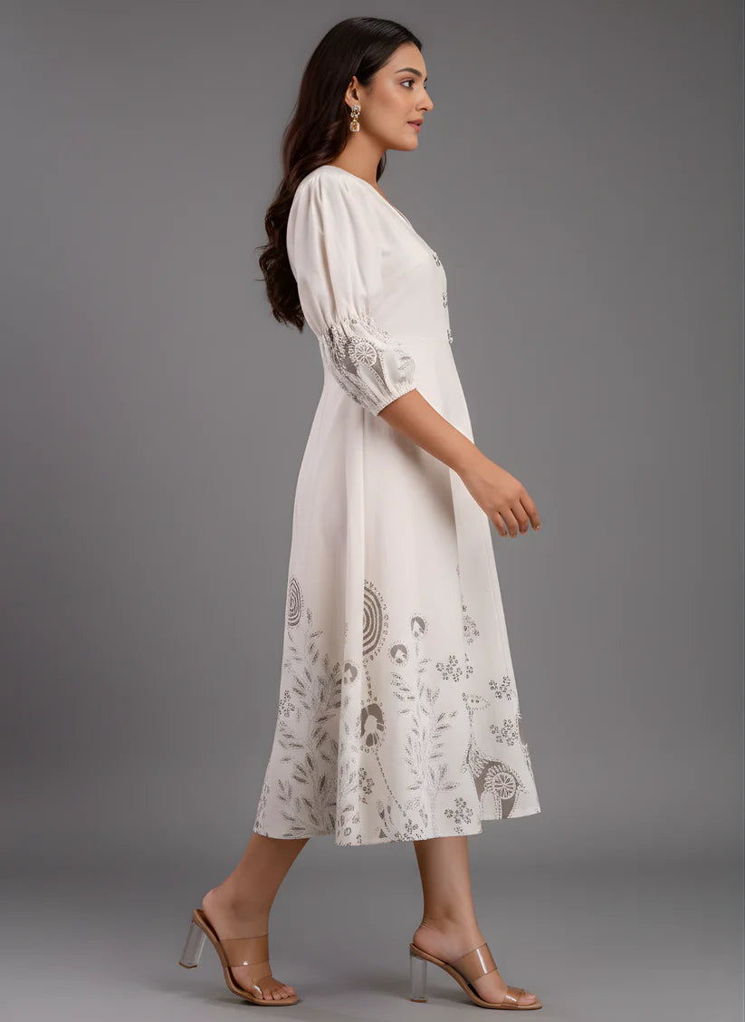 Pure Cotton White Printed Midi Dress