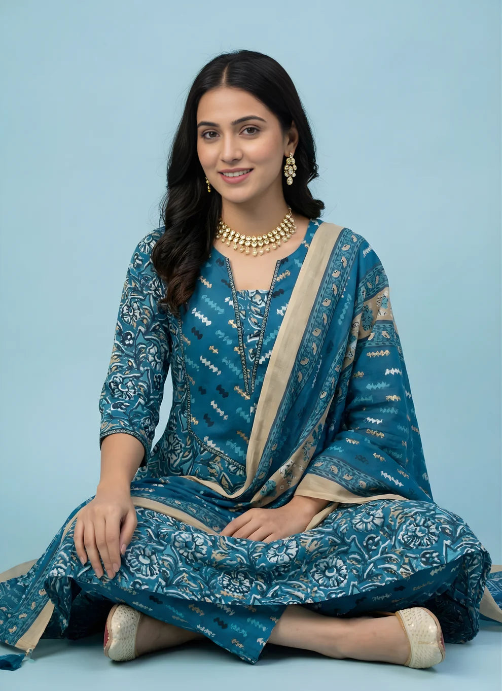 Teal Blue Mughal Floral Block Print Pure Cotton Kurta, Pants & Dupatta 3-Piece Set with Gold Foil Detail & Lace Border