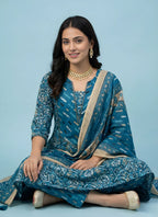 Teal Blue Mughal Floral Block Print Pure Cotton Kurta, Pants & Dupatta 3-Piece Set with Gold Foil Detail & Lace Border