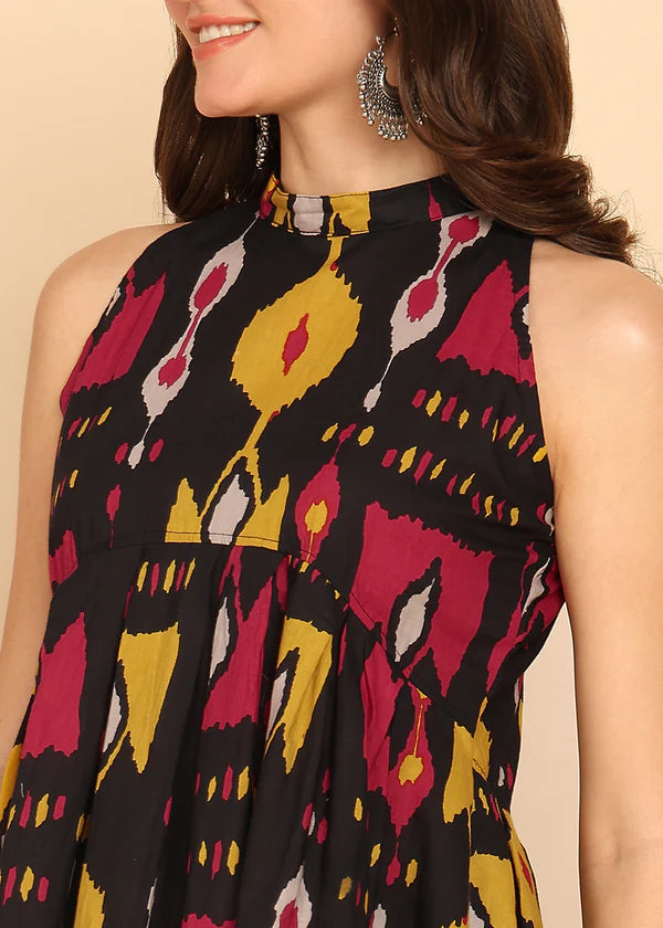 Black Geometric Printed Fit And Flare Cotton Stitched Tunic