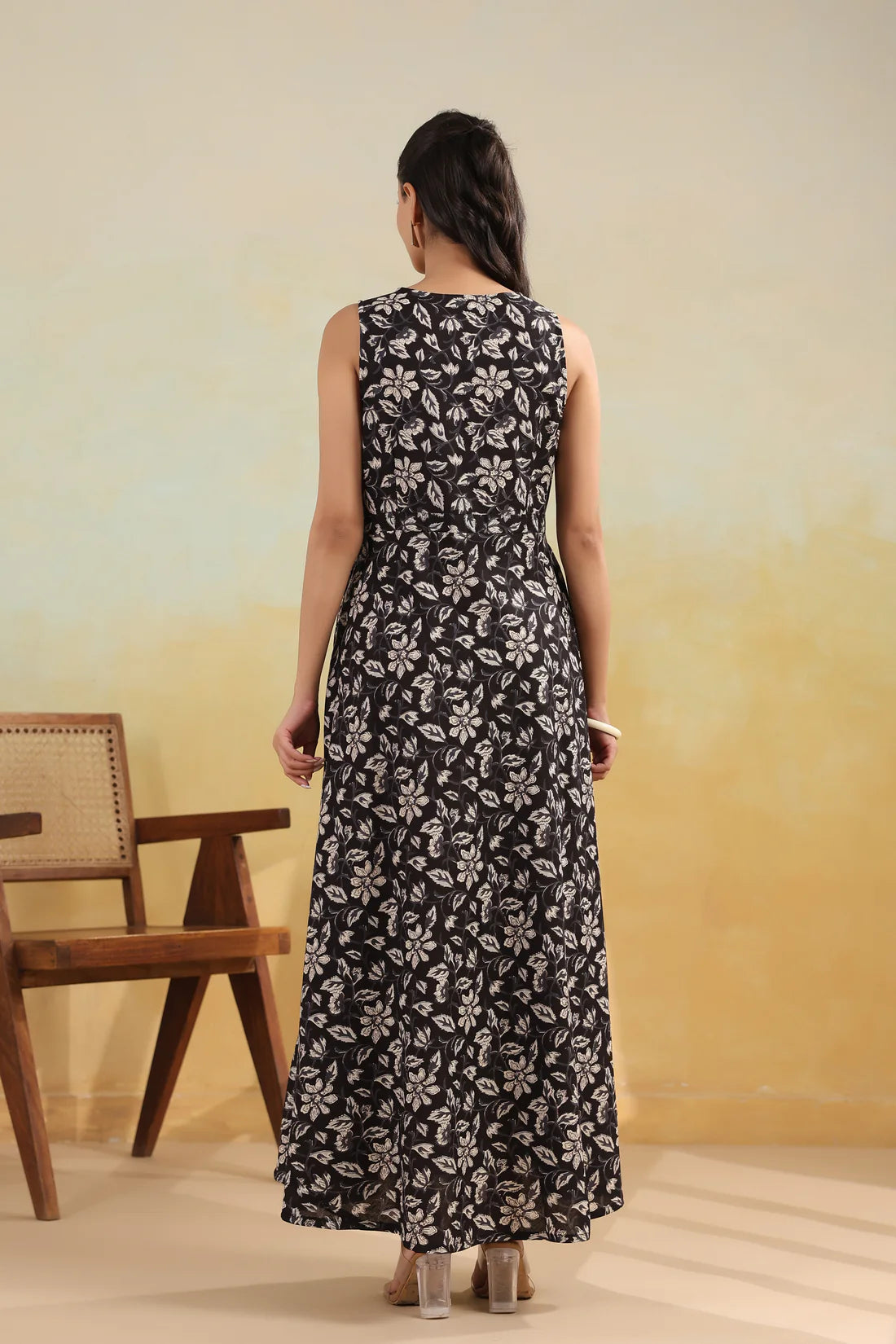 Women’s Pure Cotton Hand Block Printed Flared Maxi Dress – Black Floral