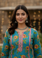 Teal Blue Rose Floral Print Pure Cotton Kurta & Pants Set with Pink Embroidered Placket & Border