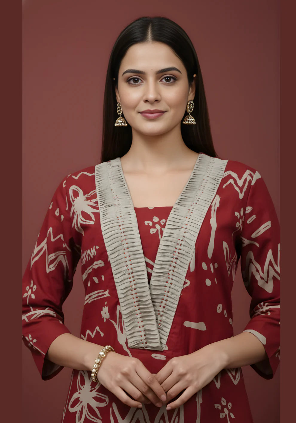 Maroon Doodle Print Pure Cotton Kurta & Pant Set | V-Neck Pleated Yoke Ethnic