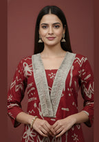 Maroon Doodle Print Pure Cotton Kurta & Pant Set | V-Neck Pleated Yoke Ethnic