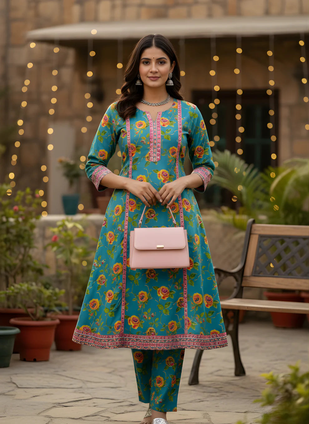 Teal Blue Rose Floral Print Pure Cotton Kurta & Pants Set with Pink Embroidered Placket & Border