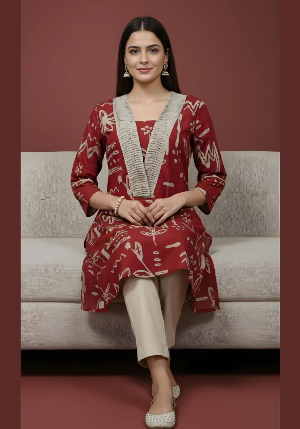 Maroon Doodle Print Pure Cotton Kurta & Pant Set | V-Neck Pleated Yoke Ethnic