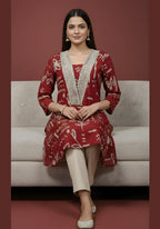 Maroon Doodle Print Pure Cotton Kurta & Pant Set | V-Neck Pleated Yoke Ethnic