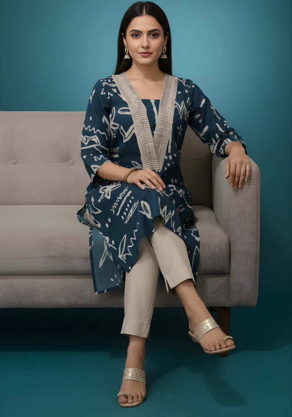Blue Beige Pure Cotton Printed Kurta Set