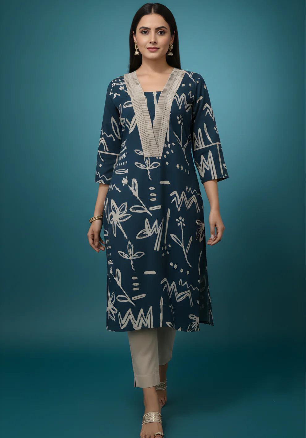 Blue Beige Pure Cotton Printed Kurta Set