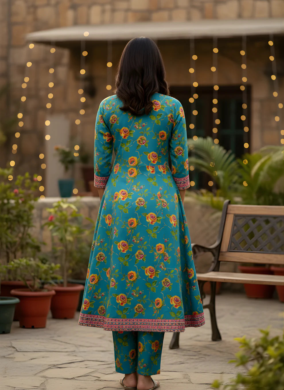 Teal Blue Rose Floral Print Pure Cotton Kurta & Pants Set with Pink Embroidered Placket & Border