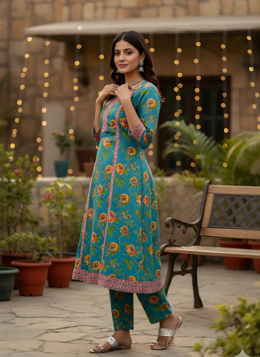 Teal Blue Rose Floral Print Pure Cotton Kurta & Pants Set with Pink Embroidered Placket & Border
