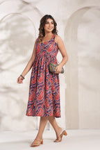 Hand Block Printed Mul Cotton Midi Dress — Premium Lined Comfort