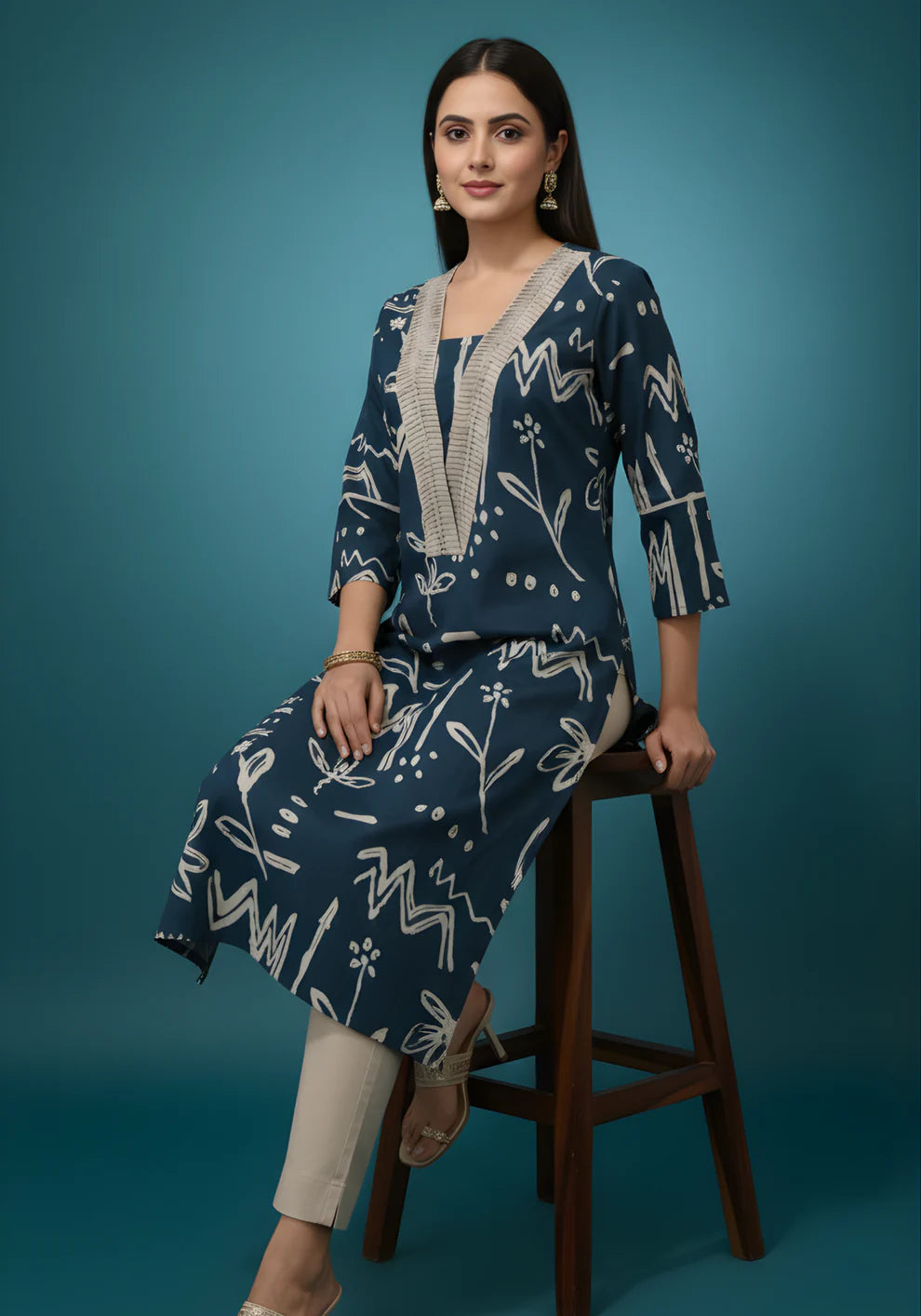 Blue Beige Pure Cotton Printed Kurta Set
