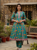 Teal Blue Rose Floral Print Pure Cotton Kurta & Pants Set with Pink Embroidered Placket & Border