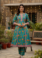 Teal Blue Rose Floral Print Pure Cotton Kurta & Pants Set with Pink Embroidered Placket & Border