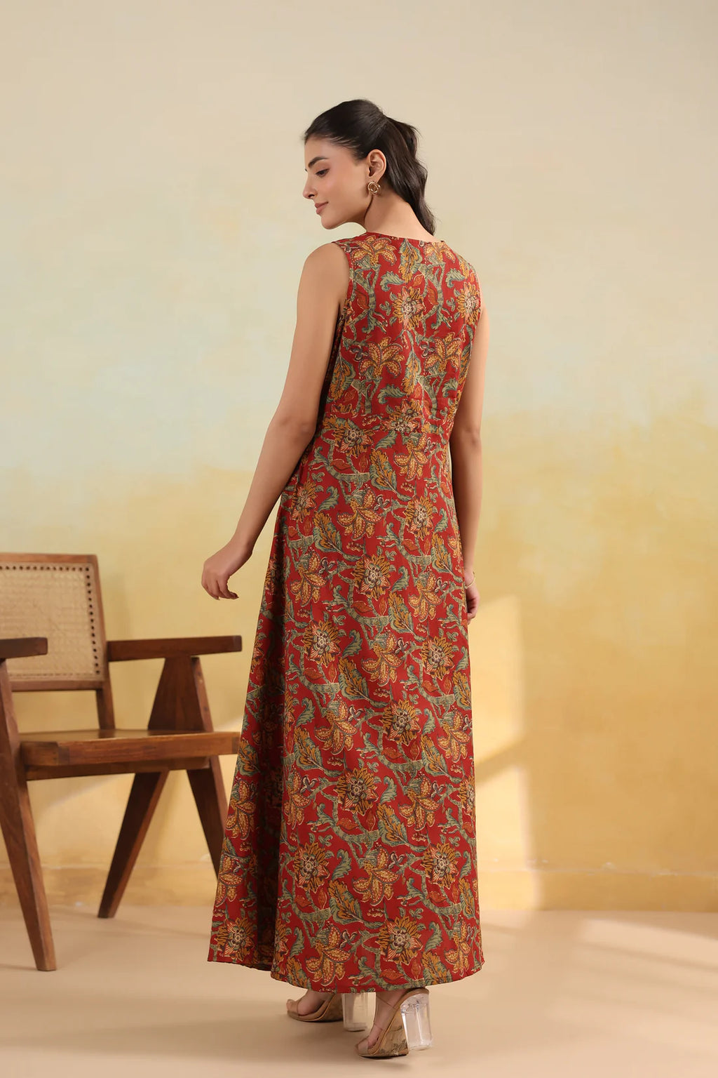 Women’s Pure Cotton Hand Block Printed Maxi Dress – Rust Red Floral