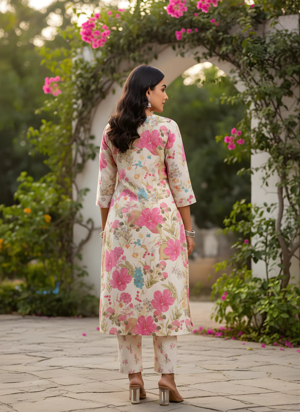 Off-White Watercolour Botanical Floral Print Pure Cotton Straight Kurta & Pants Set with Pink Piping Detail