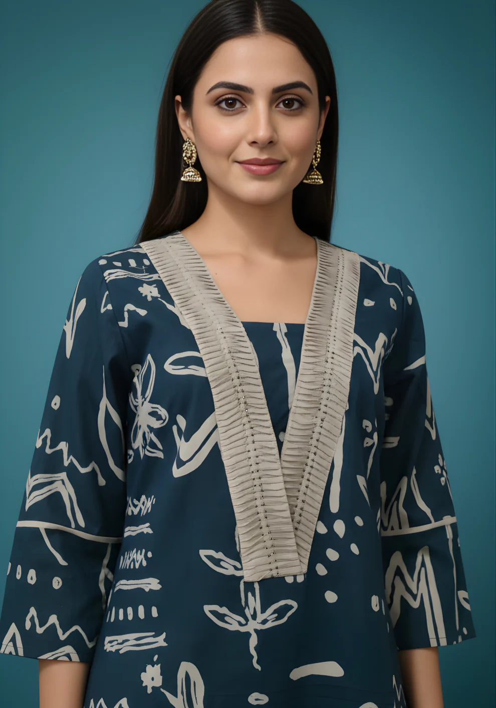 Blue Beige Pure Cotton Printed Kurta Set