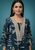 Blue Beige Pure Cotton Printed Kurta Set
