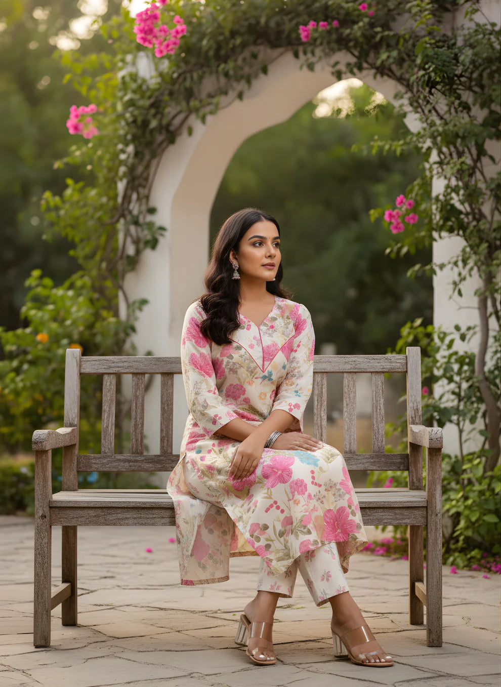 Off-White Watercolour Botanical Floral Print Pure Cotton Straight Kurta & Pants Set with Pink Piping Detail