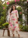 Off-White Watercolour Botanical Floral Print Pure Cotton Straight Kurta & Pants Set with Pink Piping Detail