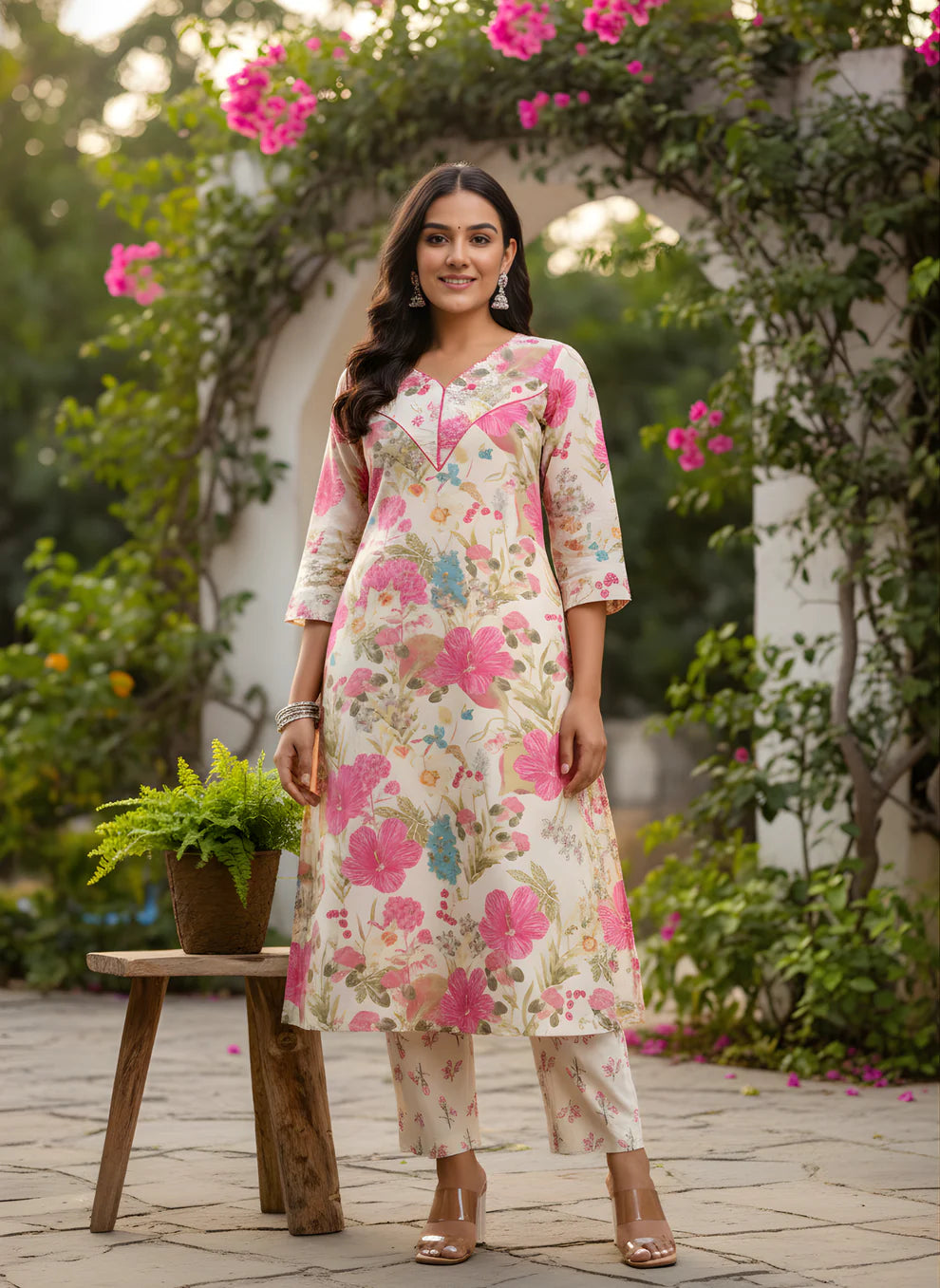 Off-White Watercolour Botanical Floral Print Pure Cotton Straight Kurta & Pants Set with Pink Piping Detail