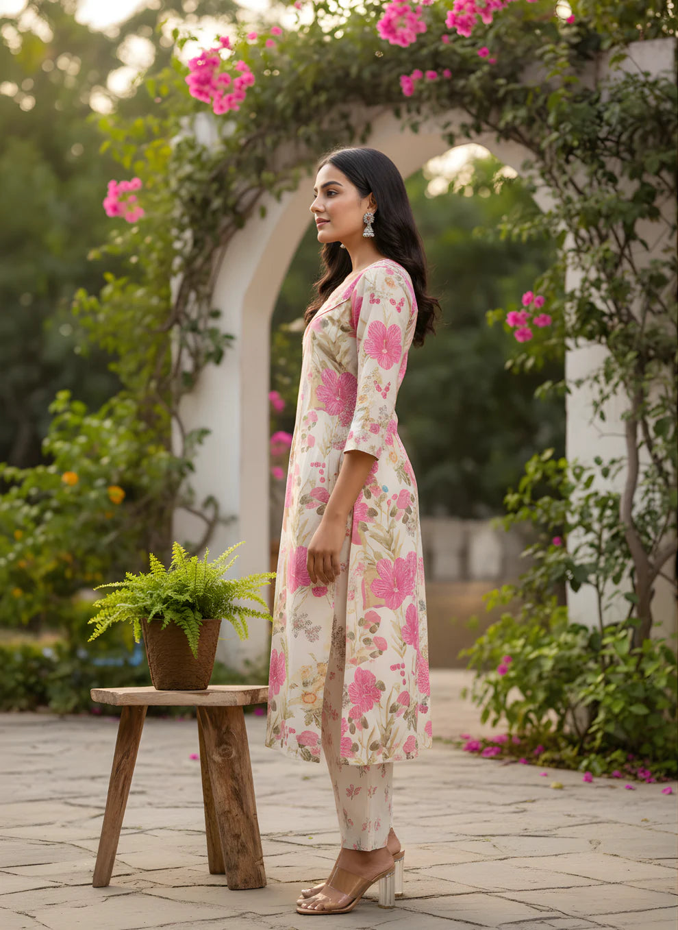 Off-White Watercolour Botanical Floral Print Pure Cotton Straight Kurta & Pants Set with Pink Piping Detail