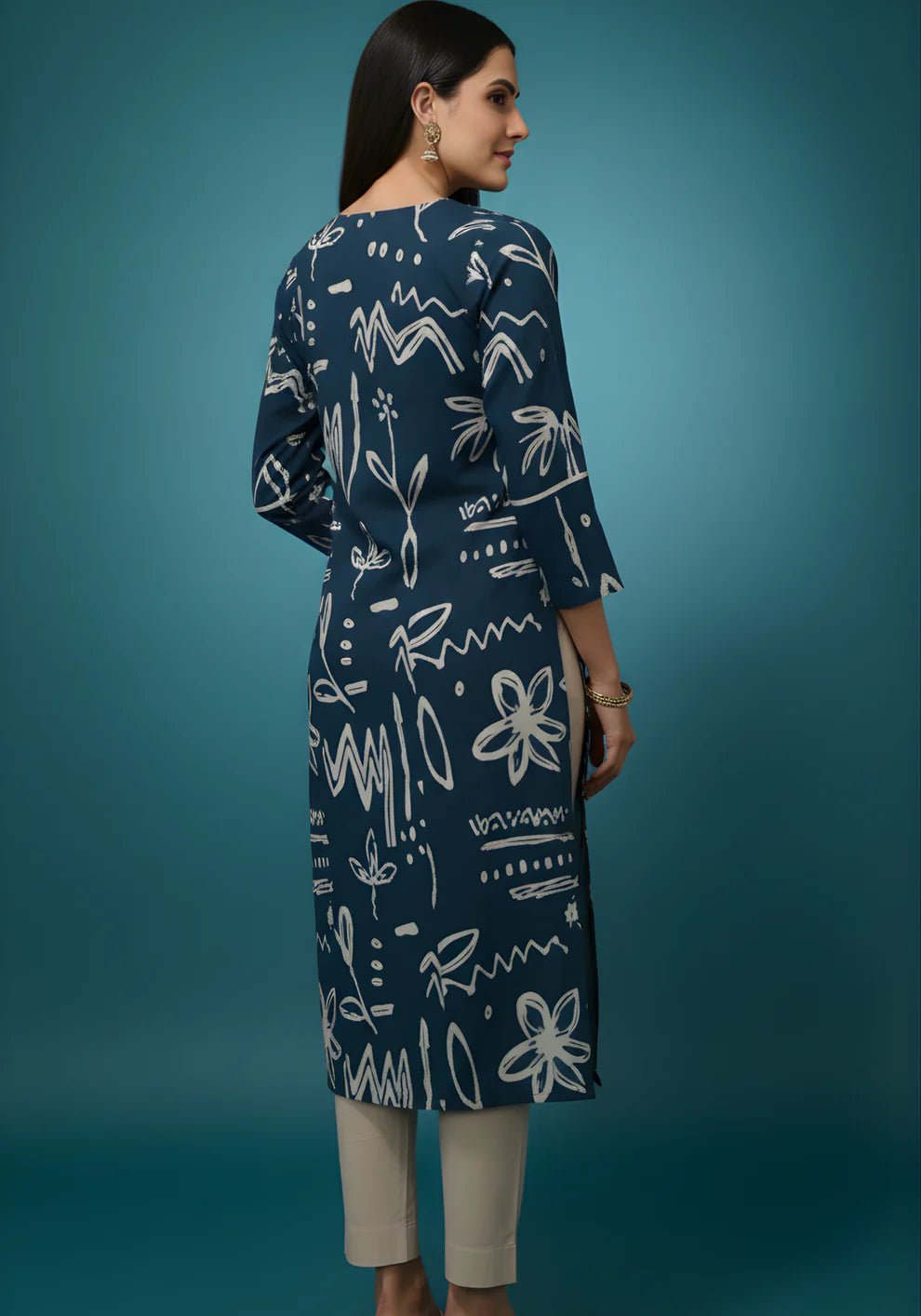 Blue Beige Pure Cotton Printed Kurta Set