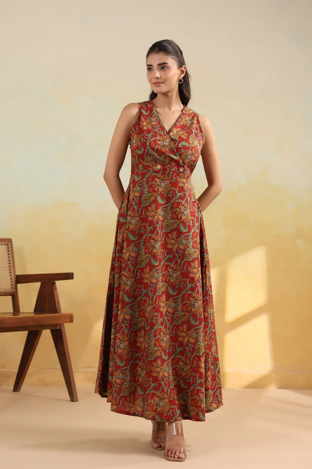 Women’s Pure Cotton Hand Block Printed Maxi Dress – Rust Red Floral